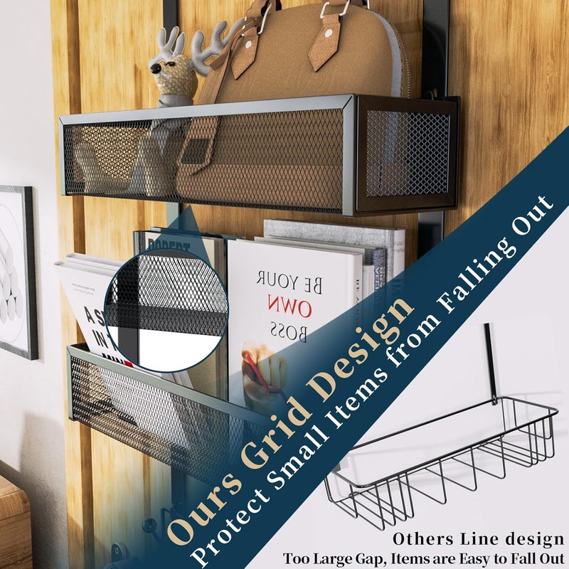 Consumest Over The Door Hooks Organizer - Extra Long Door Hanger with 9 Coat Hooks & 2 Mesh Basket, Back Storage Organizer Hanging Towels for Bathroom, Bedroom, Black (for 1.76 in Doors) - Image 2